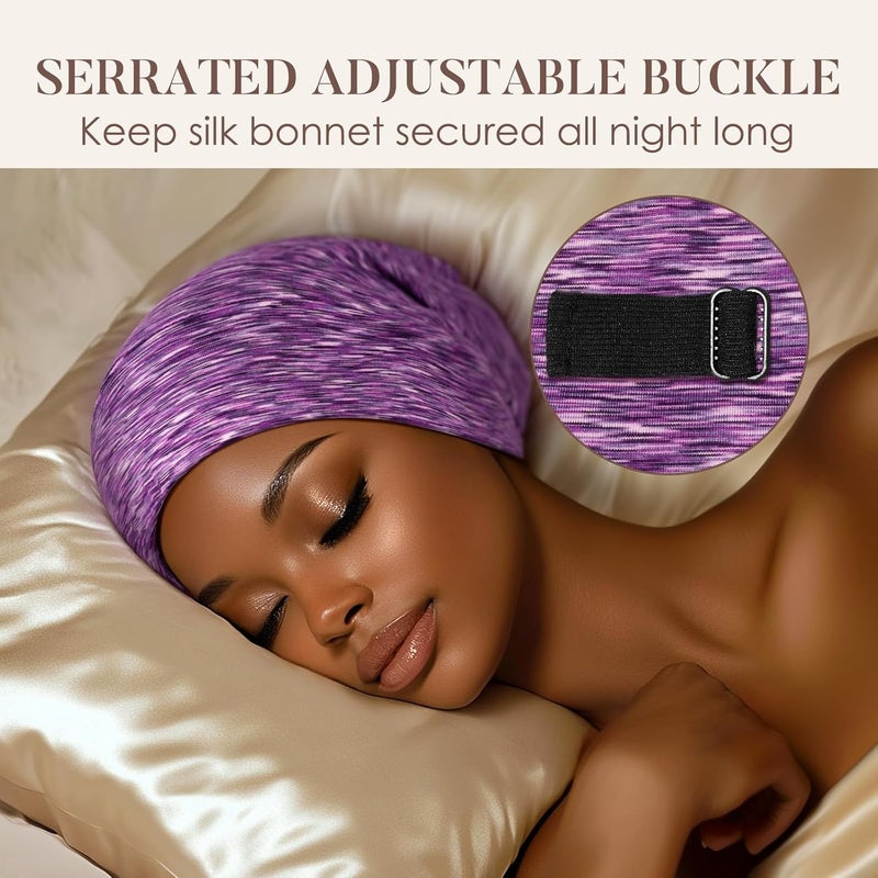 LULUSILK Mulberry Silk Lined Sleep Cap, No More Frizzy Tangled Hair, Stay On Silk Hair Wrap for Sleeping with Adjustable Strap, Silk Bonnet for Women and Men, Assorted Color Purple, Pack of 1 - Image 4